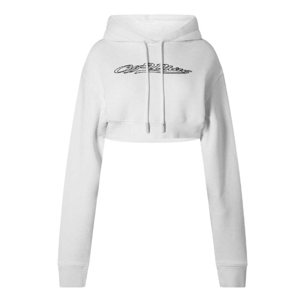 Off White Womens/Ladies Bling Baseball Cotton Crop Hoodie / White